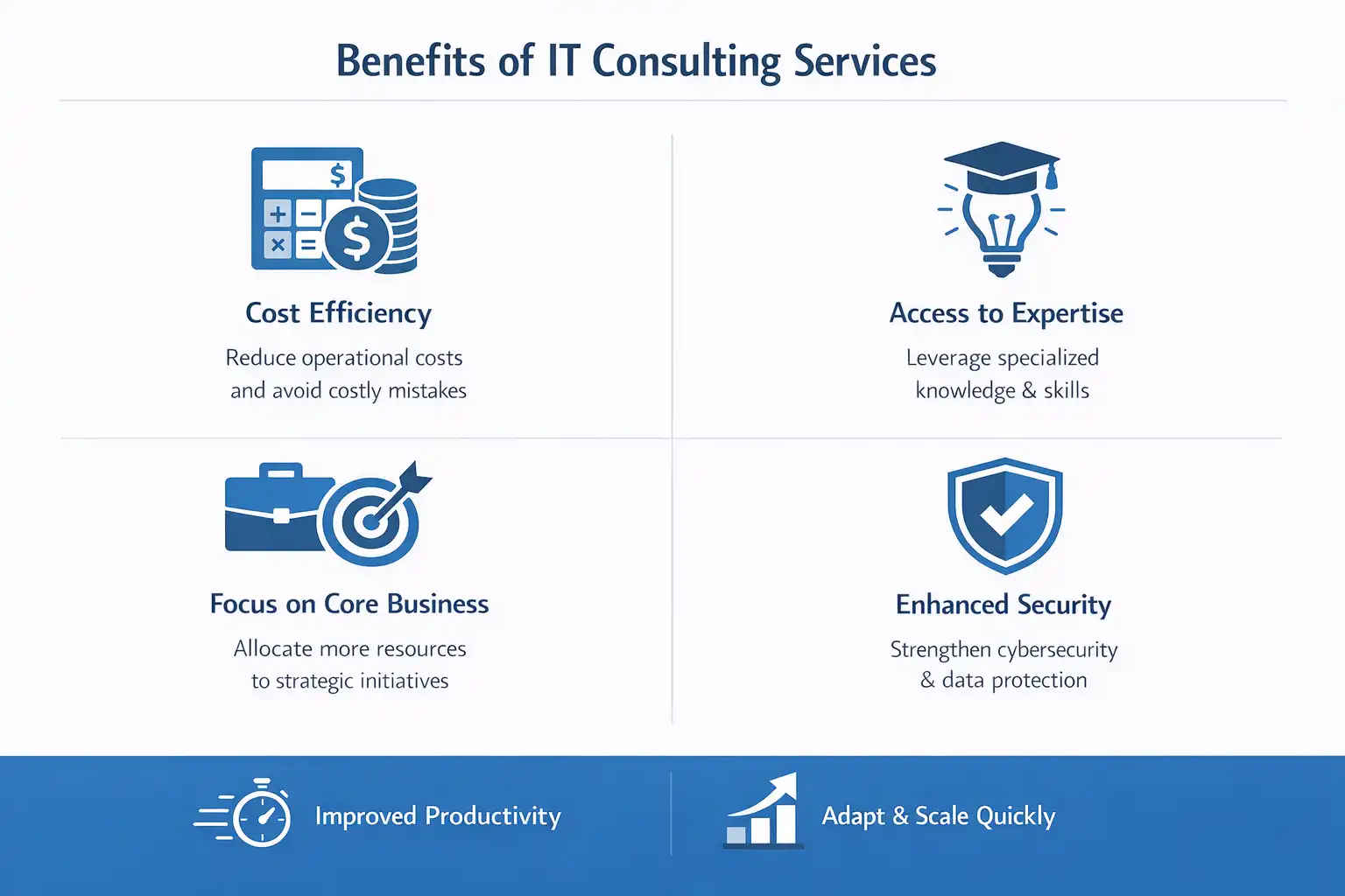 Infographic showing IT consulting benefits: cost efficiency, expert access, business focus, enhanced security, productivity, and scalability.