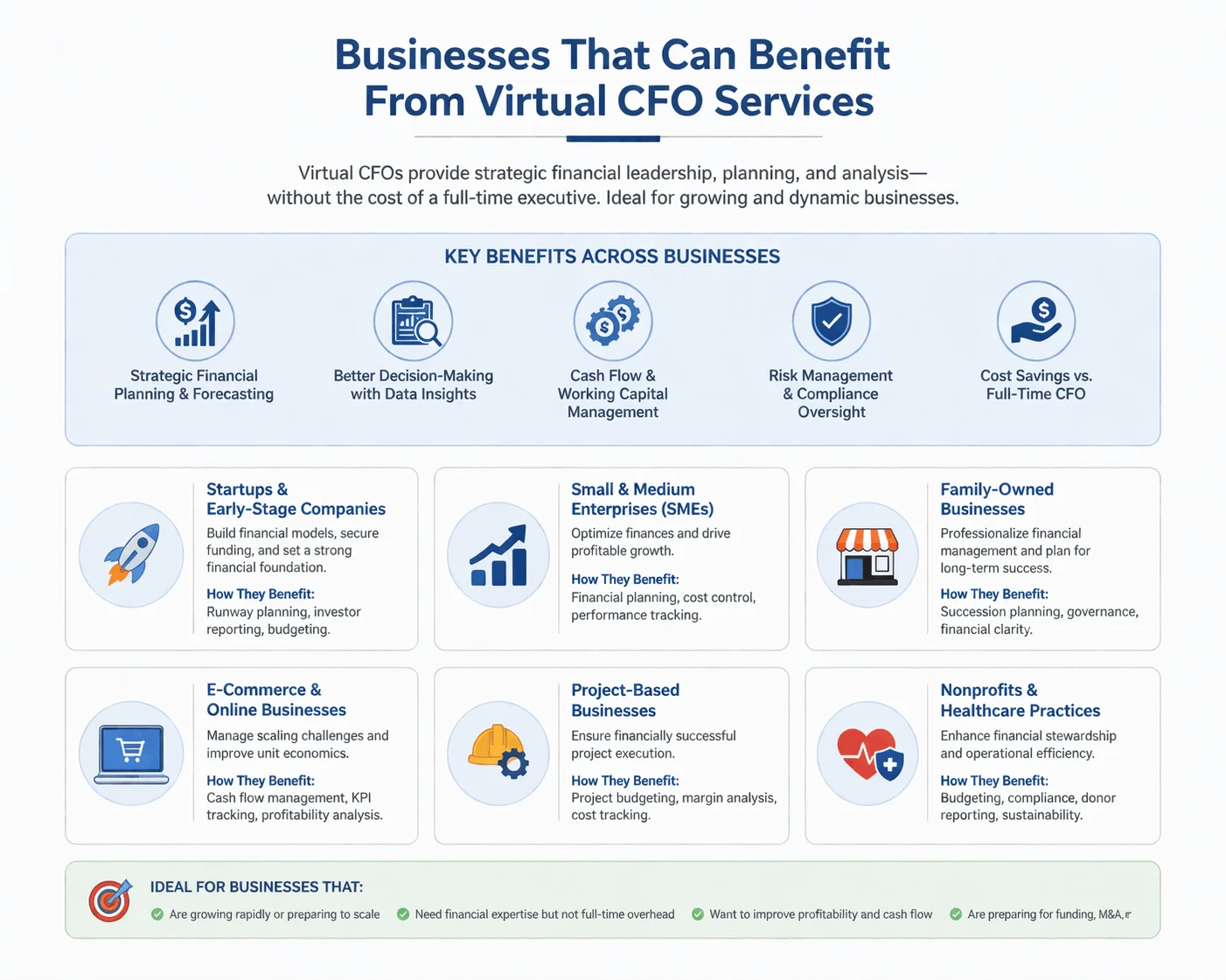 Infographic showing businesses that benefit from virtual CFO services including startups, SMEs, ecommerce, nonprofits, and family businesses