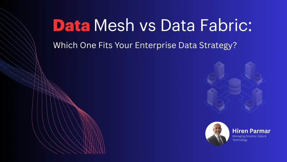 Diagram illustrating data fabric architecture with connected data sources, integration, governance, analytics, AI use cases, and business benefits.