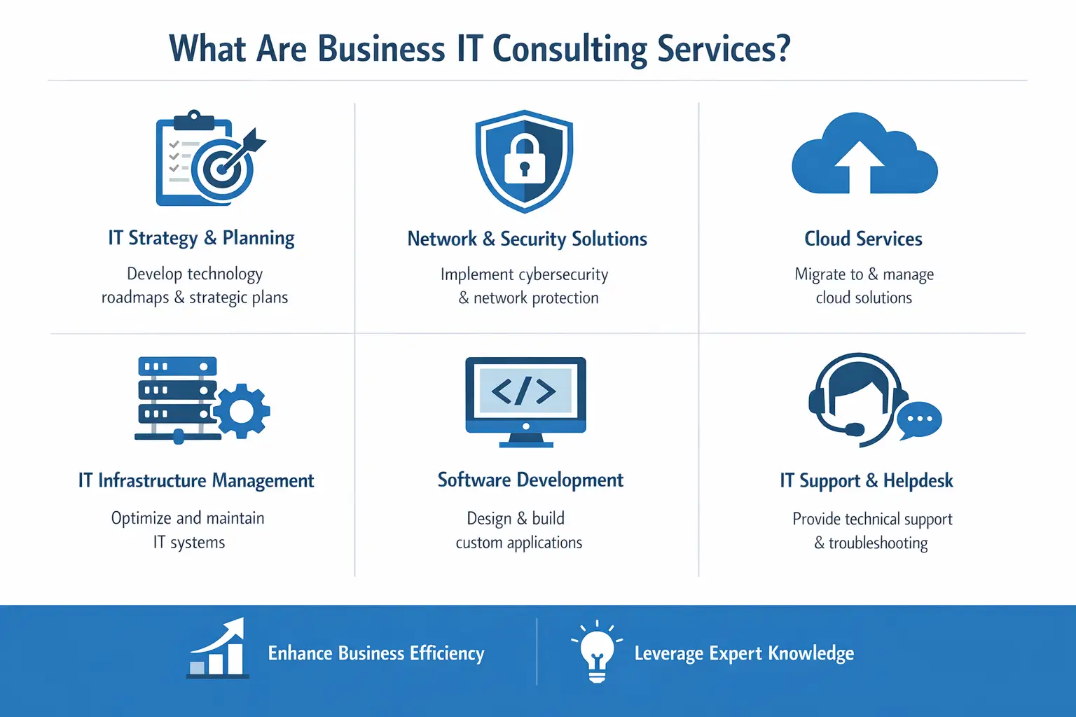Overview of IT services: strategy, network security, cloud migration, infrastructure management, software development, and helpdesk support.